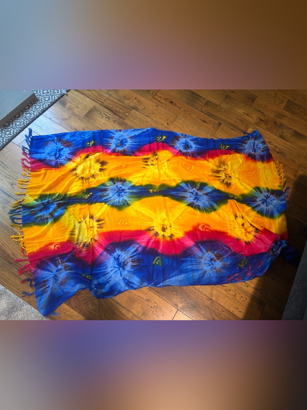 Vibrant Tie-Dye Women’s Scarf Wrap with Fringe in Yellow, Blue & Red